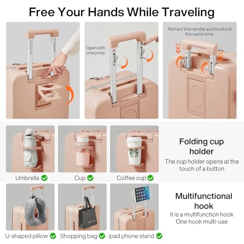 mixi Carry On Luggage with Cup Phone Holder and Charger Hard Shell Suitcases with Spinner Wheels,20 Inch Light Pink - Image 4