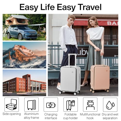 mixi Carry On Luggage with Cup Phone Holder and Charger Hard Shell Suitcases with Spinner Wheels,20 Inch Light Pink - Image 2