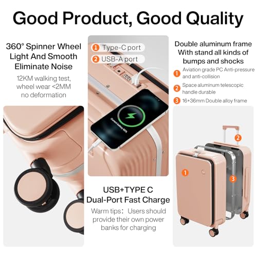 mixi Carry On Luggage with Cup Phone Holder and Charger Hard Shell Suitcases with Spinner Wheels,20 Inch Light Pink - Image 5