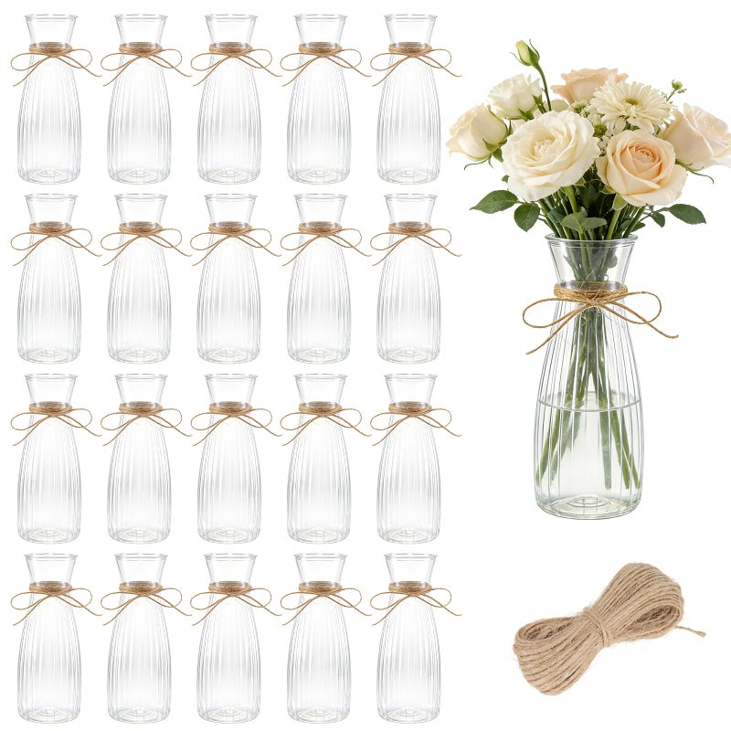 Rainmae 20 Pcs Plastic Flower Bud Vases Bulk with Twines Ropes, Small Mini Flower Vases for Centerpieces Decorative Plastic Clear Bottles for Wedding Reception Dining Table Home Decoration - Image 1