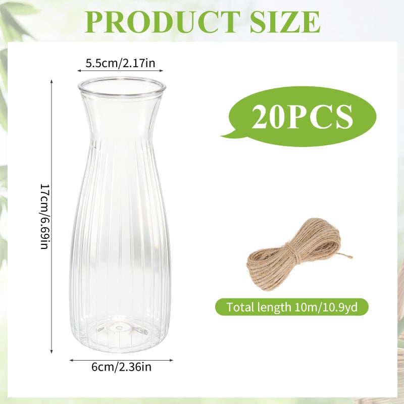 Rainmae 20 Pcs Plastic Flower Bud Vases Bulk with Twines Ropes, Small Mini Flower Vases for Centerpieces Decorative Plastic Clear Bottles for Wedding Reception Dining Table Home Decoration - Image 2