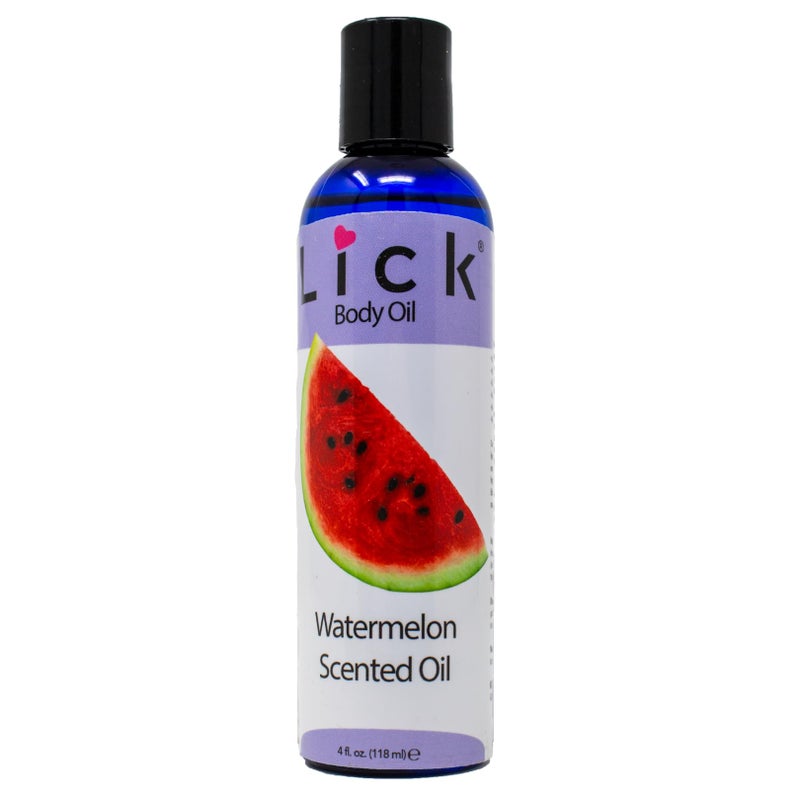 LICK زيت الجسم المعطر برائحة البطيخ - زيت مرطب فاخر لبشرة متألقة، غني بزيوت الخروع واللوز والجرجير، وفيتامين E. مثالي للتدليك والعناية اليومية 4 أونصة سائلة. - Image 1