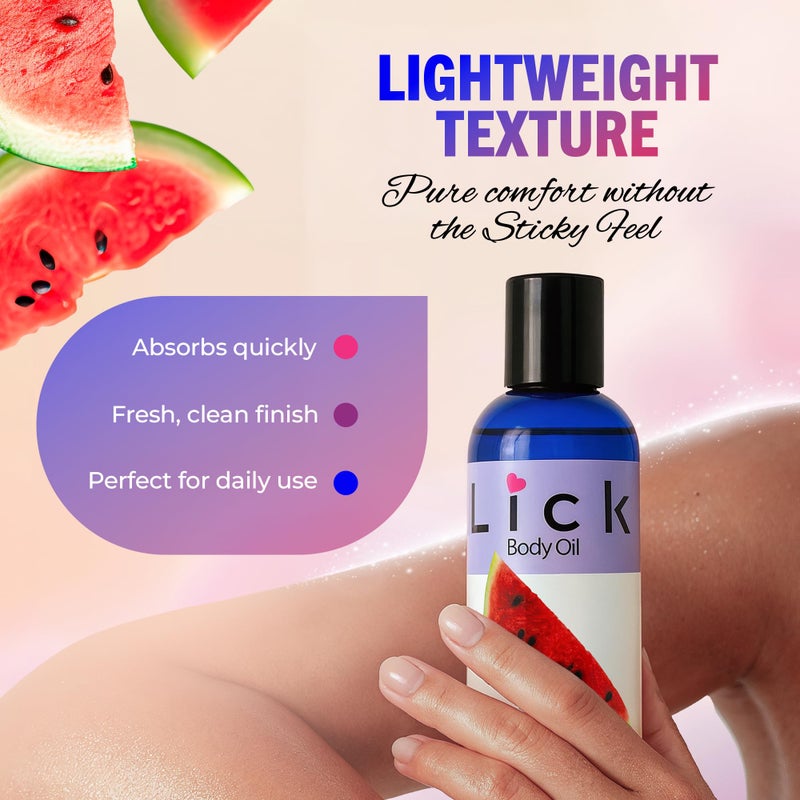 LICK زيت الجسم المعطر برائحة البطيخ - زيت مرطب فاخر لبشرة متألقة، غني بزيوت الخروع واللوز والجرجير، وفيتامين E. مثالي للتدليك والعناية اليومية 4 أونصة سائلة. - Image 4
