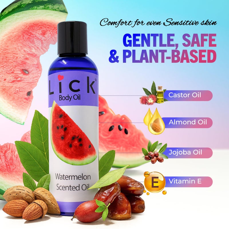 LICK زيت الجسم المعطر برائحة البطيخ - زيت مرطب فاخر لبشرة متألقة، غني بزيوت الخروع واللوز والجرجير، وفيتامين E. مثالي للتدليك والعناية اليومية 4 أونصة سائلة. - Image 5