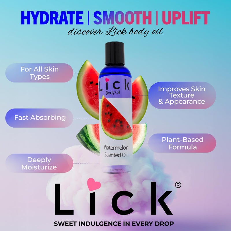 LICK زيت الجسم المعطر برائحة البطيخ - زيت مرطب فاخر لبشرة متألقة، غني بزيوت الخروع واللوز والجرجير، وفيتامين E. مثالي للتدليك والعناية اليومية 4 أونصة سائلة. - Image 3