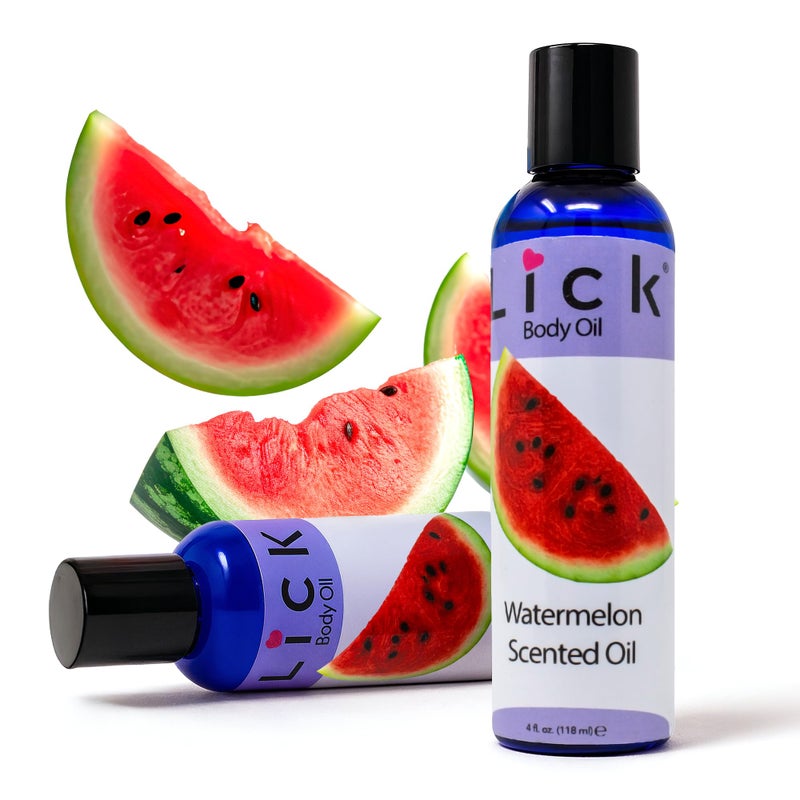 LICK زيت الجسم المعطر برائحة البطيخ - زيت مرطب فاخر لبشرة متألقة، غني بزيوت الخروع واللوز والجرجير، وفيتامين E. مثالي للتدليك والعناية اليومية 4 أونصة سائلة. - Image 2