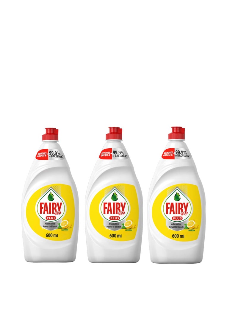 Fairy Plus Lemon Dishwashing Liquid Soap, With Alternative Power To Bleach, 3x600ml - Image 1