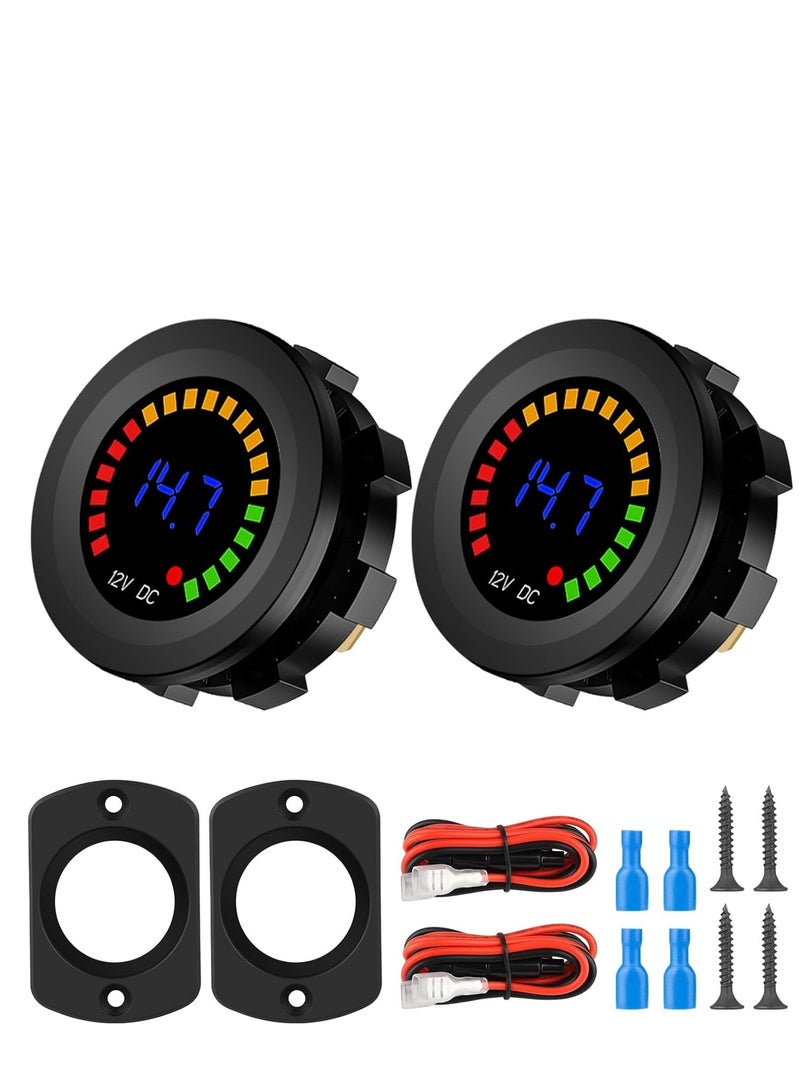 عداد بطارية 2 قطعة، فولت متر مقاوم للماء DC 12V مع شاشة LED رقمية لقياس الجهد، عدادات فولت متر دائرية للسيارات، مقياس اختبار الجهد للسفن، السيارات، الدراجات النارية، الشاحنات، القوارب، RV، جسم قصير - Image 1