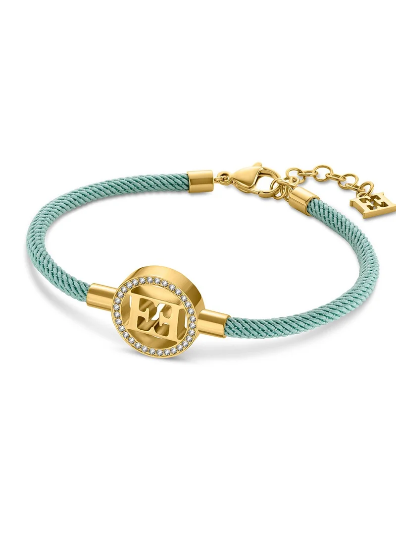 ESCADA Isabella Light Blue Silk Cord Bracelet with Gold Plated Logo Charm