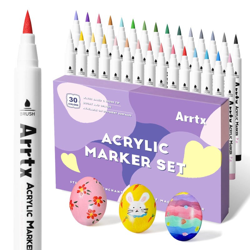 Arrtx 30 Colors Acrylic Paint Pens for Rock Painting, Extra Brush Tip, Water Based Paint Markers for Stone, Glass, Easter Egg, Wood and Fabric Painting-No Toxic,No Odor - Image 1
