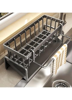 Generic Sink Caddy Sponge Holder with Auto Drain Tray Kitchen Sink Organizer and Storage Rack for Dish Soap Dispenser Brush Scrubbers Towel stand (Gray With Towel Holder)  - Image 3