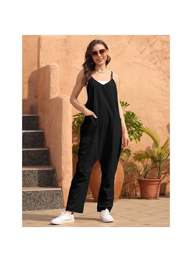 Women's Loose Casual V Neck Sleeveless Jumpsuits Adjustable Spaghetti Straps Harem Long Pants Overalls With Pockets?Black/M?  - Image 4