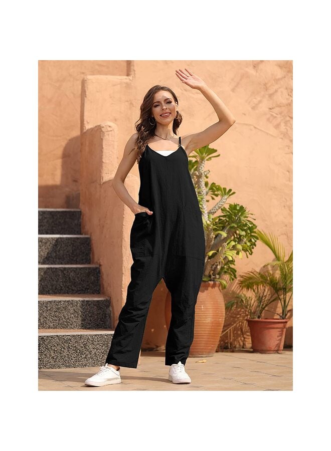 Women's Loose Casual V Neck Sleeveless Jumpsuits Adjustable Spaghetti Straps Harem Long Pants Overalls With Pockets?Black/M?  - Image 5