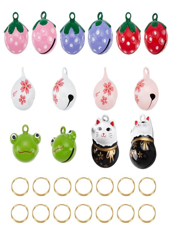 CHGCRAFT 14Pcs 7 Styles Pet Collar Bells Brass Cherry Panda Frog Strawberry Charm Cat Collar Bell Pet Pendant Accessories with Stainless Steel Double Loops Jump Rings for Potty Training - Image 1