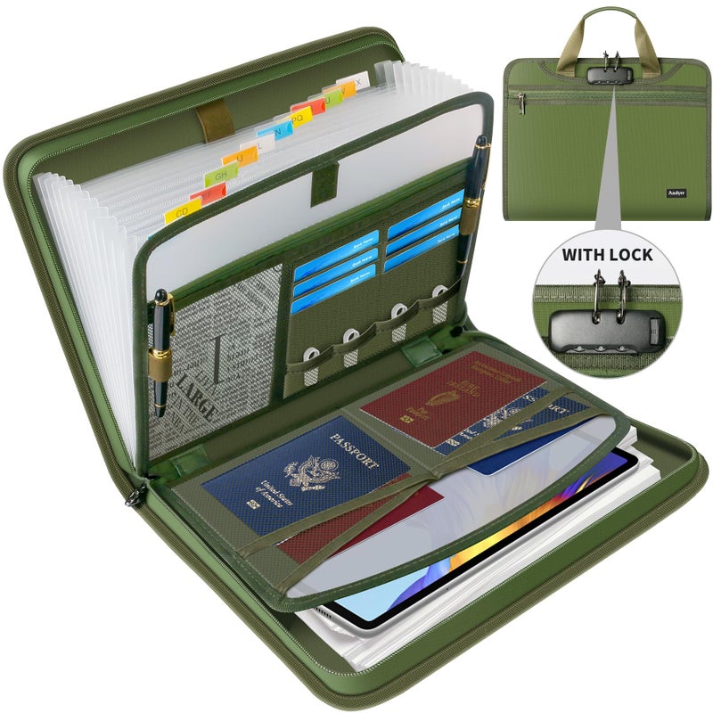 Andyer Accordion File Organizer with Lock, Fireproof Expanding File Folder with Tabs, 13 Pockets Important Document Organizer with Handle, Portable Paperwork Business Organizer, Letter/A4-Size(Green) - Image 1