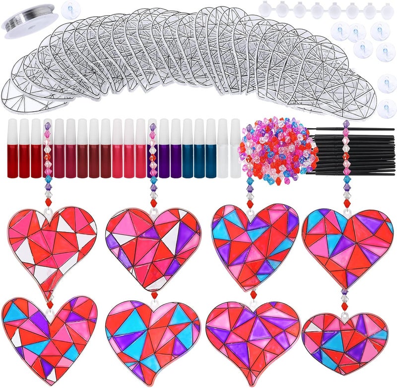 Winlyn 24 Sets Heart Suncatchers Ornaments Decoration DIY Window Paint Art Stickers Craft Kit Heart Sun Catchers for Kids Valentine's Day Classroom Party Art Project Gift Favor - Image 1