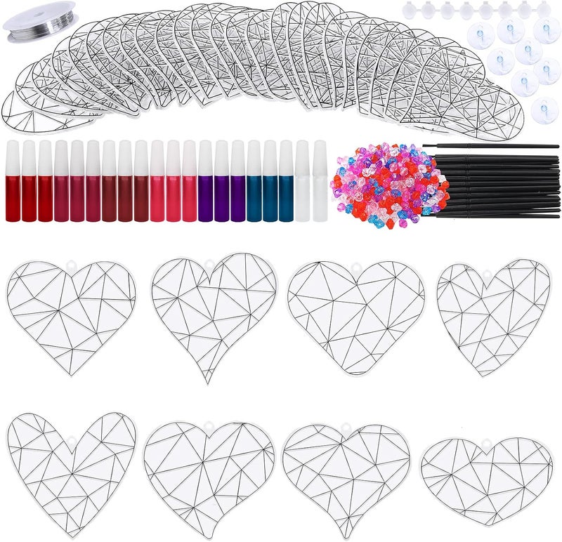 Winlyn 24 Sets Heart Suncatchers Ornaments Decoration DIY Window Paint Art Stickers Craft Kit Heart Sun Catchers for Kids Valentine's Day Classroom Party Art Project Gift Favor - Image 2