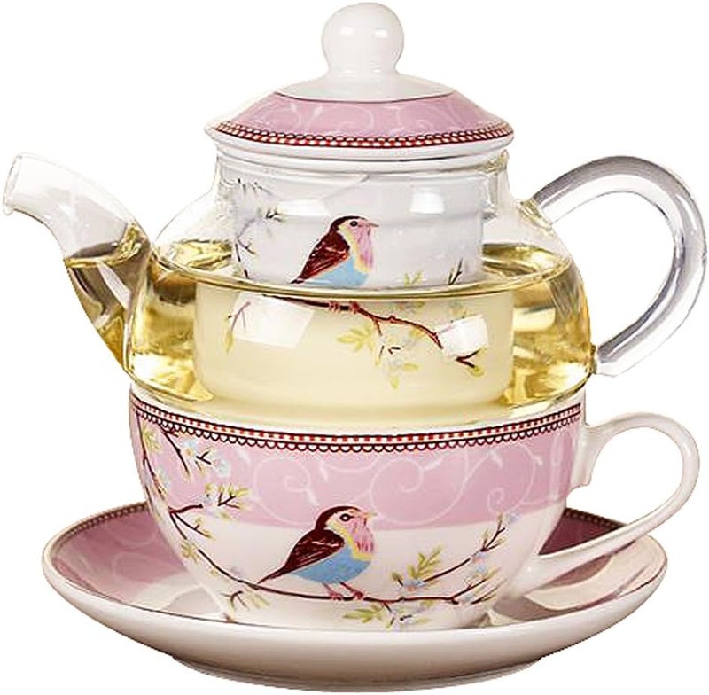 Jusalpha Glass Teapot with a Fine China Infuser Strainer, Cup and Saucer Set,Teapot and Teacup for One, Tea for one #05 (Pink) - Image 1