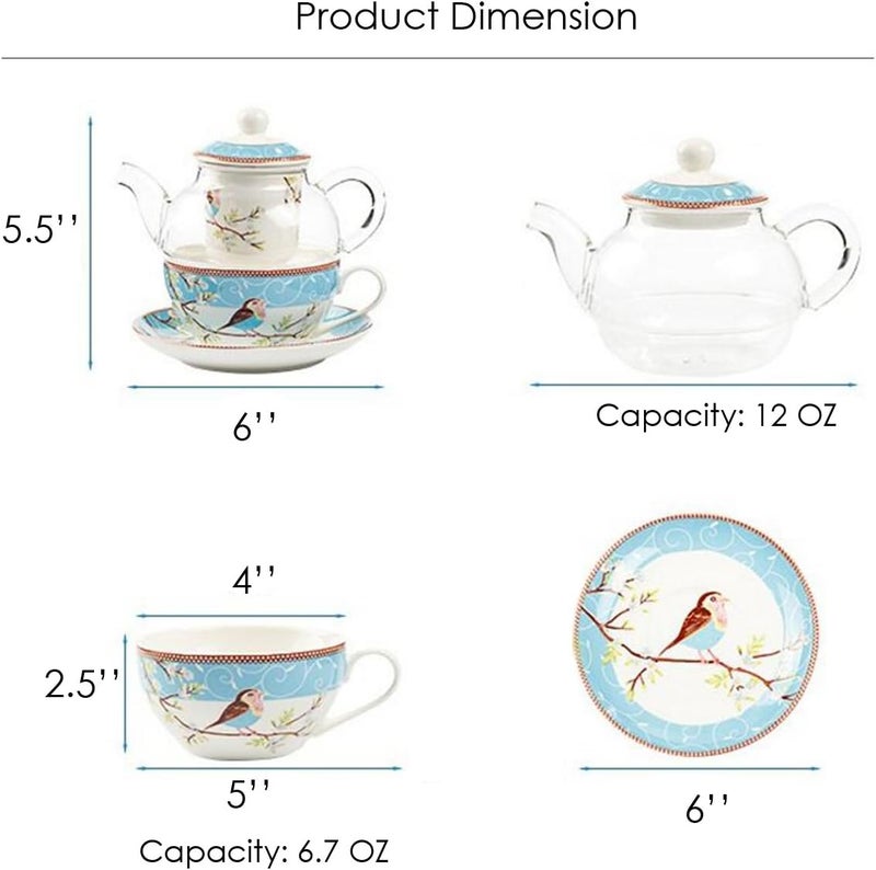 Jusalpha Glass Teapot with a Fine China Infuser Strainer, Cup and Saucer Set,Teapot and Teacup for One, Tea for one #05 (Pink) - Image 2