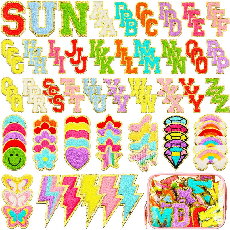 Yilloog 120 Pcs Chenille Letter Patches Iron on Patches Embroidered Stickers Include 78 Letters Patches 42 Stars and Flower Heart for Hat Jacket Clothing Jeans DIY SchoolColorful Colors