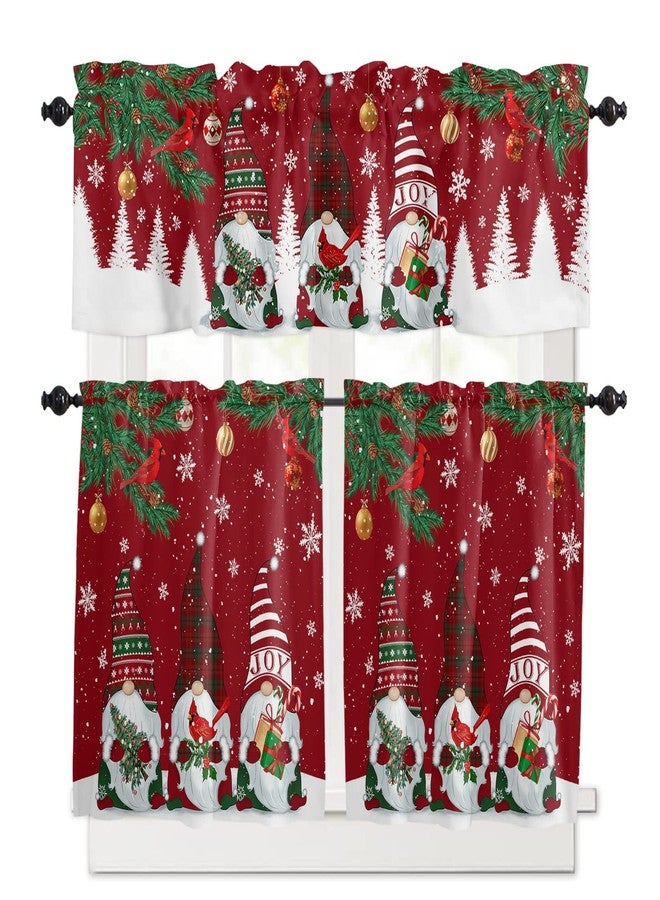 فاندارلين طقم ستائر وستائر علوية للمطبخ بتصميم أقزام عيد الميلاد، ستائر حمراء لنوافذ العطلات الشتوية، طبقات من رقاقات الثلج البيضاء وأشجار عيد الميلاد، ستائر نصفية/قصيرة للنوافذ الصغيرة، مناسبة للمقاهي/غرف المعيشة/غرف النوم، مقاس 54 × 24 بوصة - Image 1
