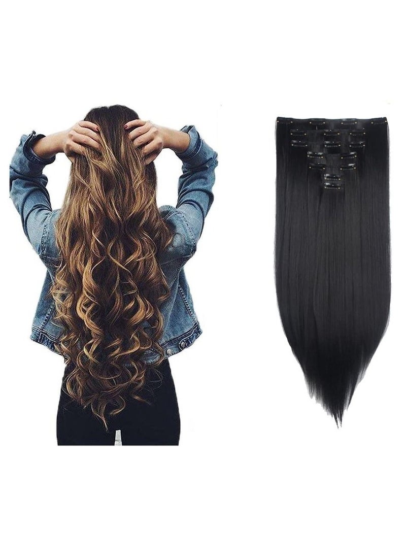 Estelle 7Pcs 16 Clips 24 Inches Thick Curly Straight Full Head Clip in on Double Weft Hair Extensions Dark Black - Straight - Image 1