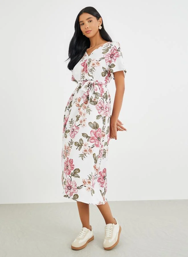 تايك تو Take Two Floral Print Batwing Sleeve Tie Waist Midi Dress