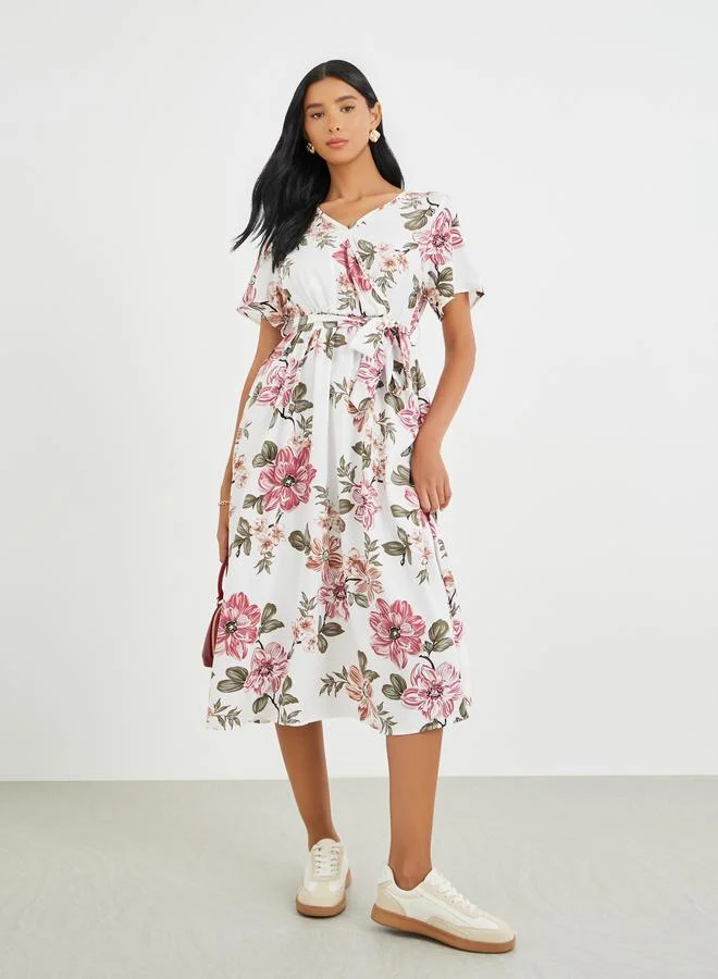 تايك تو Take Two Floral Print Batwing Sleeve Tie Waist Midi Dress