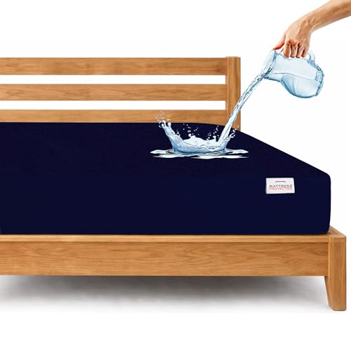 Mattress Protector Single Bed Waterproof | Cotton Feel Terry Fitted Mattress Cover with Breathable & Hypoallergenic Comfort |Ultra Soft, Noiseless Elastic Fitted Pad - 75x36 in Bed | Dark Blue - Image 1