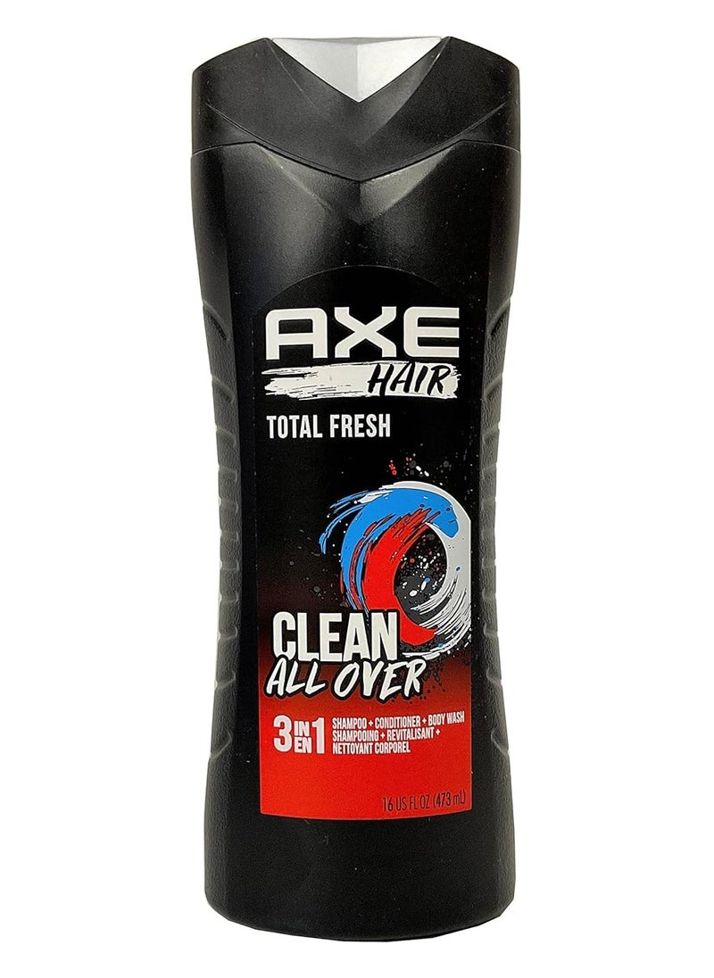 Axe Hair 3 in 1 - Total Fresh - Shampoo + Conditioner + Body Wash - Net Wt. 16 FL OZ (473 mL) Per Bottle - Pack of 3 Bottles