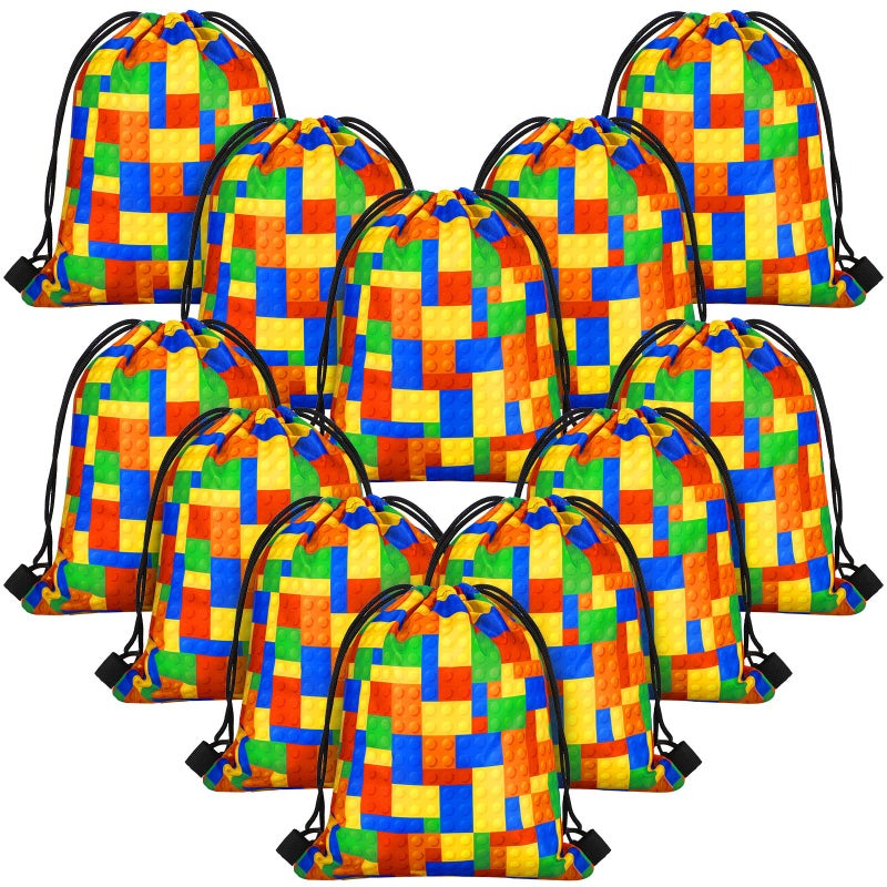 Shappy 12 Packs Building Blocks Goodie Candy Treat Bags Building Blocks Drawstring Gift Bags Kids Birthday Party Favor Bags for Building Block Party Supplies Decorations, Shappy-Blocks Goodie-09 - Image 1