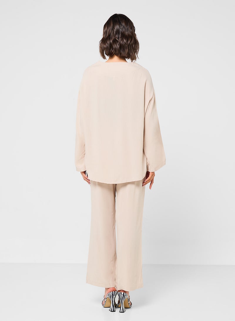 جينجر طقم بلوزة وبنطلون من الكتان مع رباط - Image 2