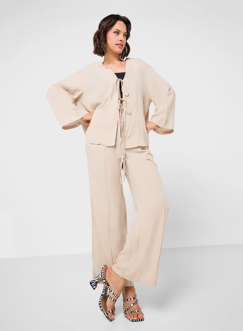جينجر Linen Blend Tie Up Detail Top & Pant Coord Set