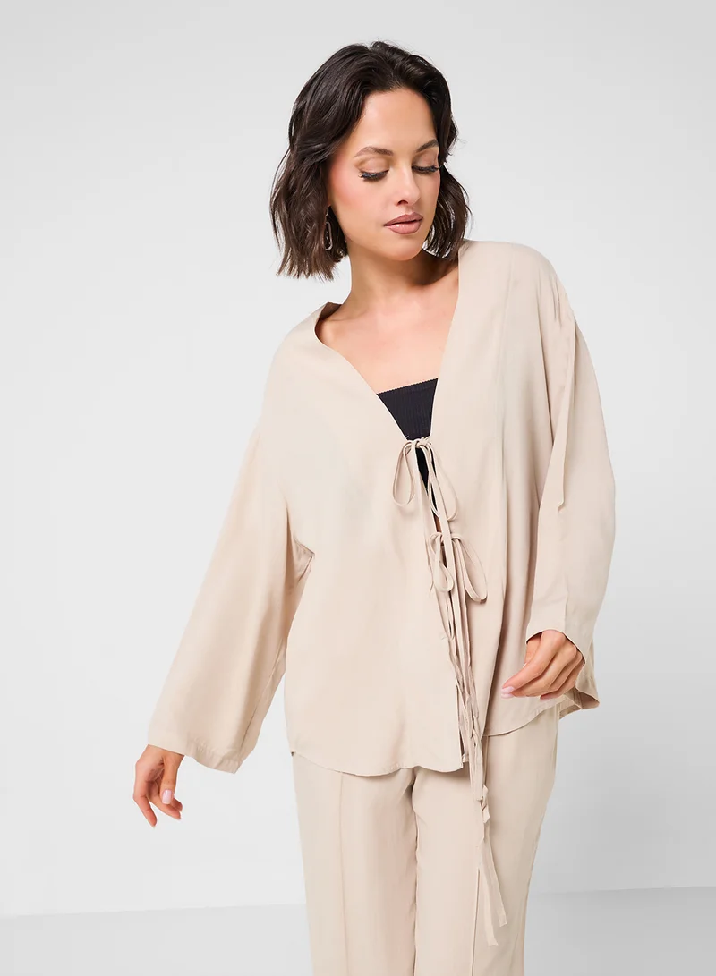 جينجر Linen Blend Tie Up Detail Top & Pant Coord Set