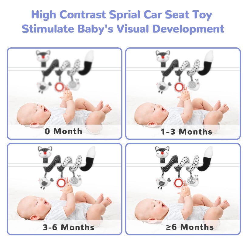 XIXILAND Euyecety Baby Spiral Plush Toys, Black White Stroller Toy Stretch & Spiral Activity Toy Car Seat Toys, Hanging Rattle Toys for Crib Mobile, Newborn Sensory Toy Best Gift for 0 3 6 9 12 Months Baby-Fox - Image 4