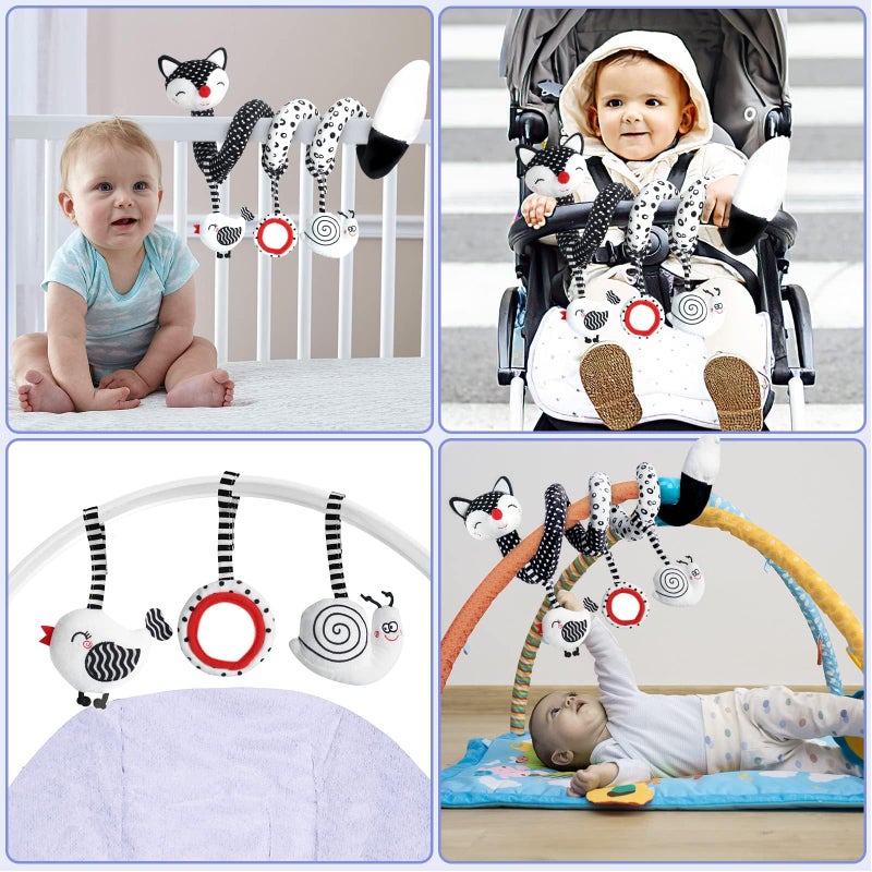XIXILAND Euyecety Baby Spiral Plush Toys, Black White Stroller Toy Stretch & Spiral Activity Toy Car Seat Toys, Hanging Rattle Toys for Crib Mobile, Newborn Sensory Toy Best Gift for 0 3 6 9 12 Months Baby-Fox - Image 5