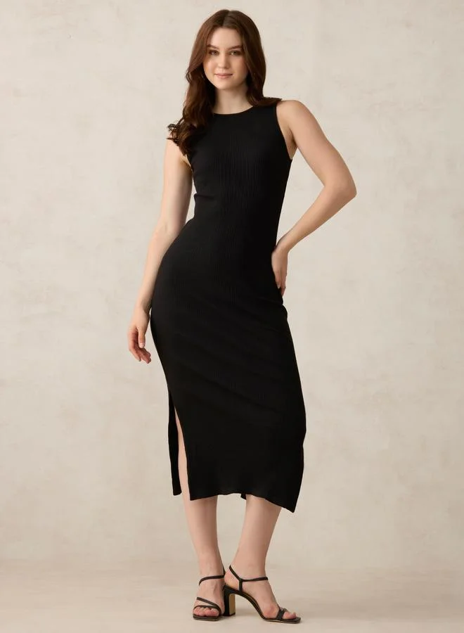 Outzidr  Black Ribbed Side Slit Bodycon Midi Dress for Women | Best Price UAE