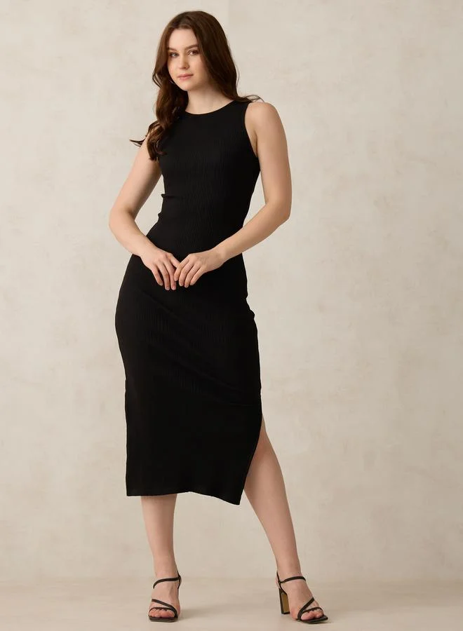 Outzidr  Black Ribbed Side Slit Bodycon Midi Dress for Women | Best Price UAE