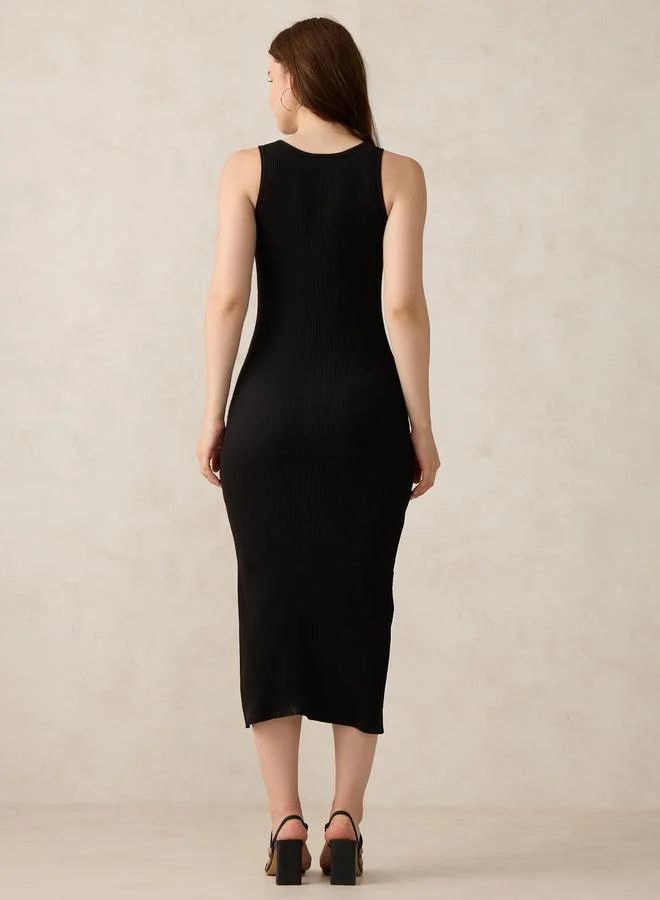 Outzidr  Black Ribbed Side Slit Bodycon Midi Dress for Women | Best Price UAE