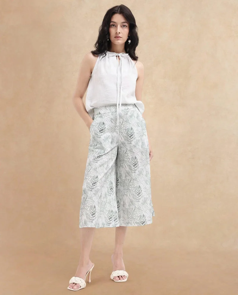 ريريزم Women's Tropical Printed 100% Linen Culottes