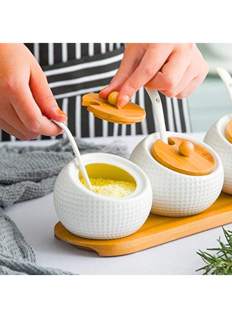 DLEST DLEST Porcelain Condiment Ceramic Pickle Jar Spice Container Set With Lids Bamboo Cap Holder Spot Wooden Cap Holder Tray With Ceramic Serving Spoon Set of 3 Jar  - Image 3