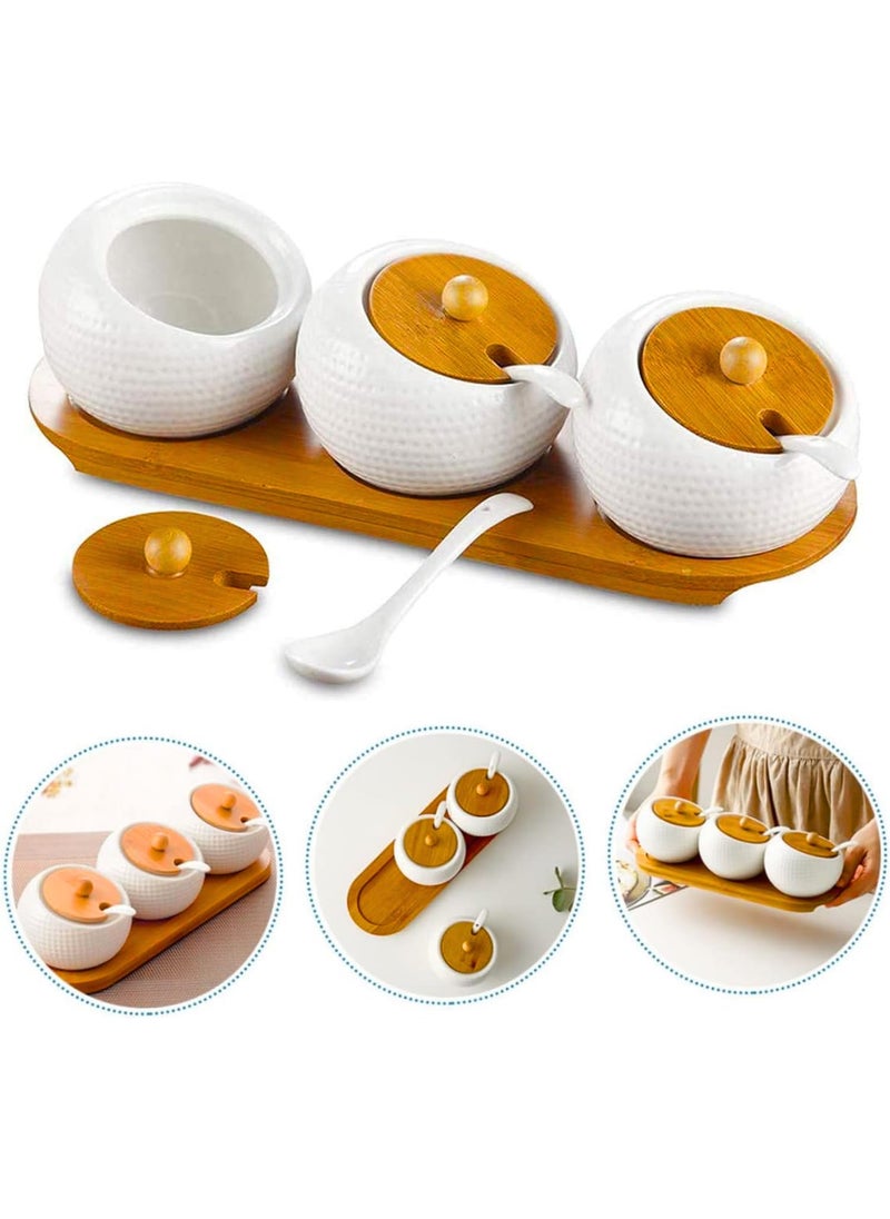 DLEST DLEST Porcelain Condiment Ceramic Pickle Jar Spice Container Set With Lids Bamboo Cap Holder Spot Wooden Cap Holder Tray With Ceramic Serving Spoon Set of 3 Jar  - Image 1