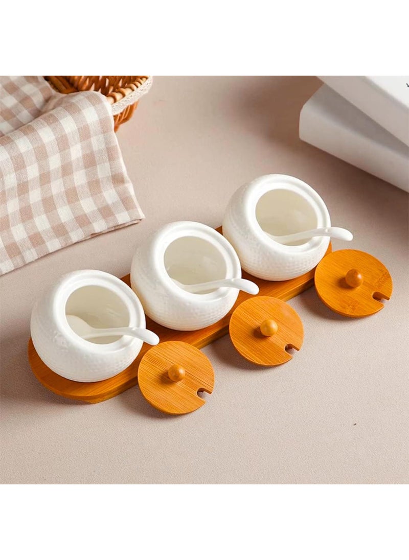 DLEST DLEST Porcelain Condiment Ceramic Pickle Jar Spice Container Set With Lids Bamboo Cap Holder Spot Wooden Cap Holder Tray With Ceramic Serving Spoon Set of 3 Jar  - Image 5