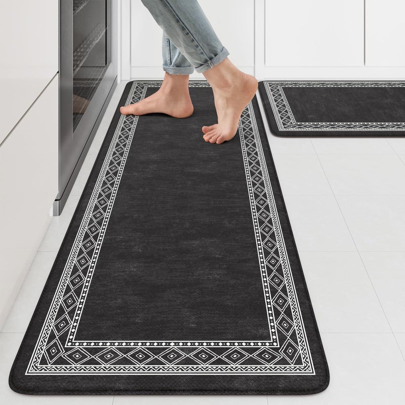 KIMODE Anti Fatigue Kitchen Mats 17"x47"+17"x29", Farmhouse Kitchen Rugs Sets of 2, Cushioned Non Skid Kitchen Mats for Floor, Comfort Kitchen Floor Mats for Sink Laundry Desk Black - Image 1