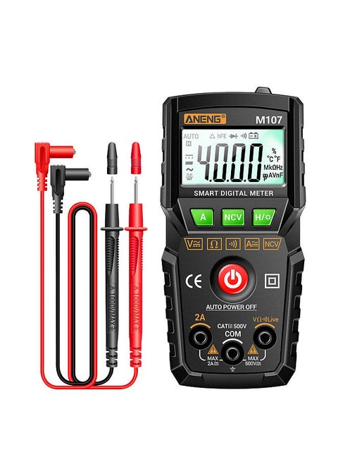 ANENG M107 Smart Digital Multimeter 4000 Counts NCV Universal Meter Handheld Tester Voltmeter Ammeter with Backlight Flashlight AC/DC Voltage & Current Resistance Measurement Zero Fire Wire Detection