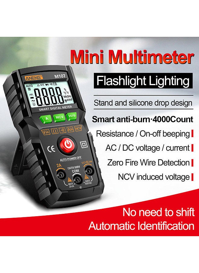 ANENG M107 Smart Digital Multimeter 4000 Counts NCV Universal Meter Handheld Tester Voltmeter Ammeter with Backlight Flashlight AC/DC Voltage & Current Resistance Measurement Zero Fire Wire Detection