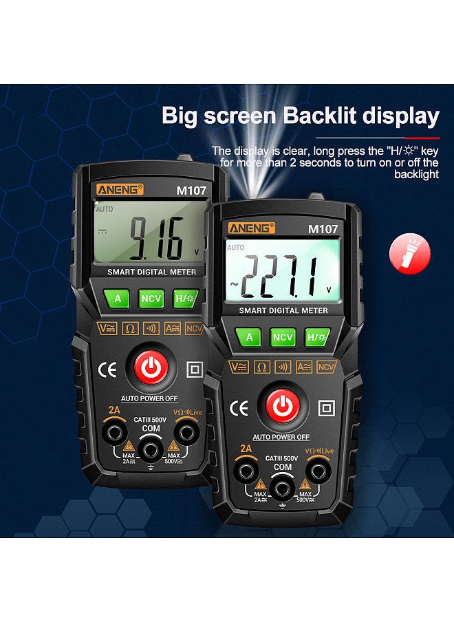 ANENG M107 Smart Digital Multimeter 4000 Counts NCV Universal Meter Handheld Tester Voltmeter Ammeter with Backlight Flashlight AC/DC Voltage & Current Resistance Measurement Zero Fire Wire Detection