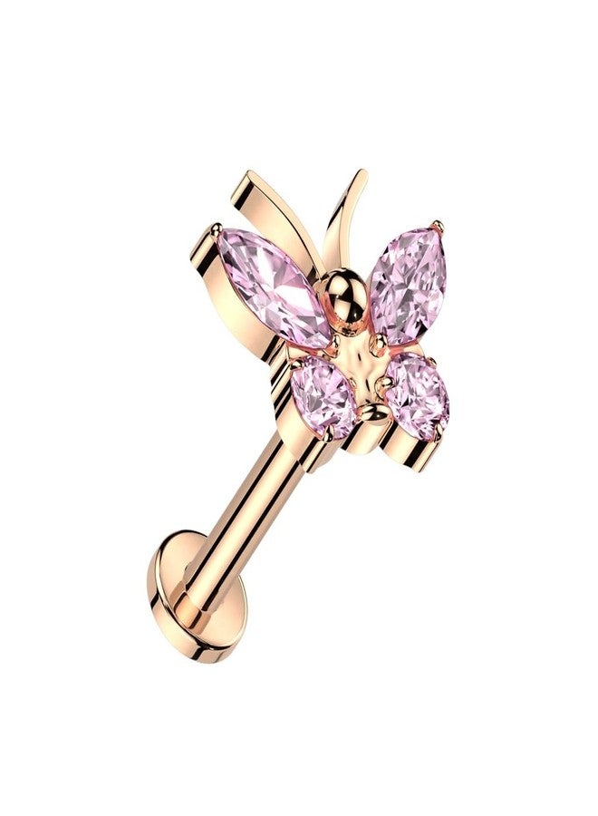 Pierced Owl 16GA ASTM F-136 Implant Grade Titanium Internally Threaded CZ Crystal Butterfly Flat Back Stud (Rose Gold Tone/Pink) - Image 1
