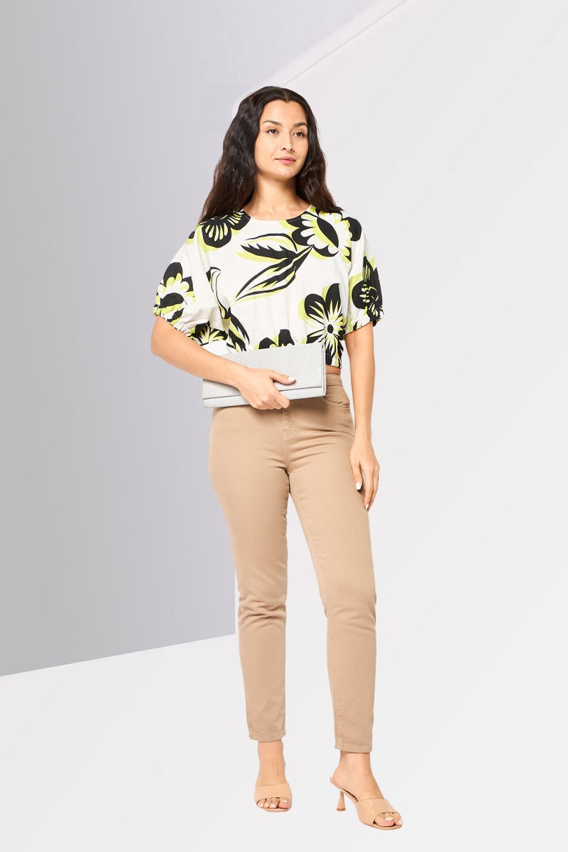 DESIGUAL Women Round Neck Short Sleeve Floral Print Cropped Top, White - Image 2