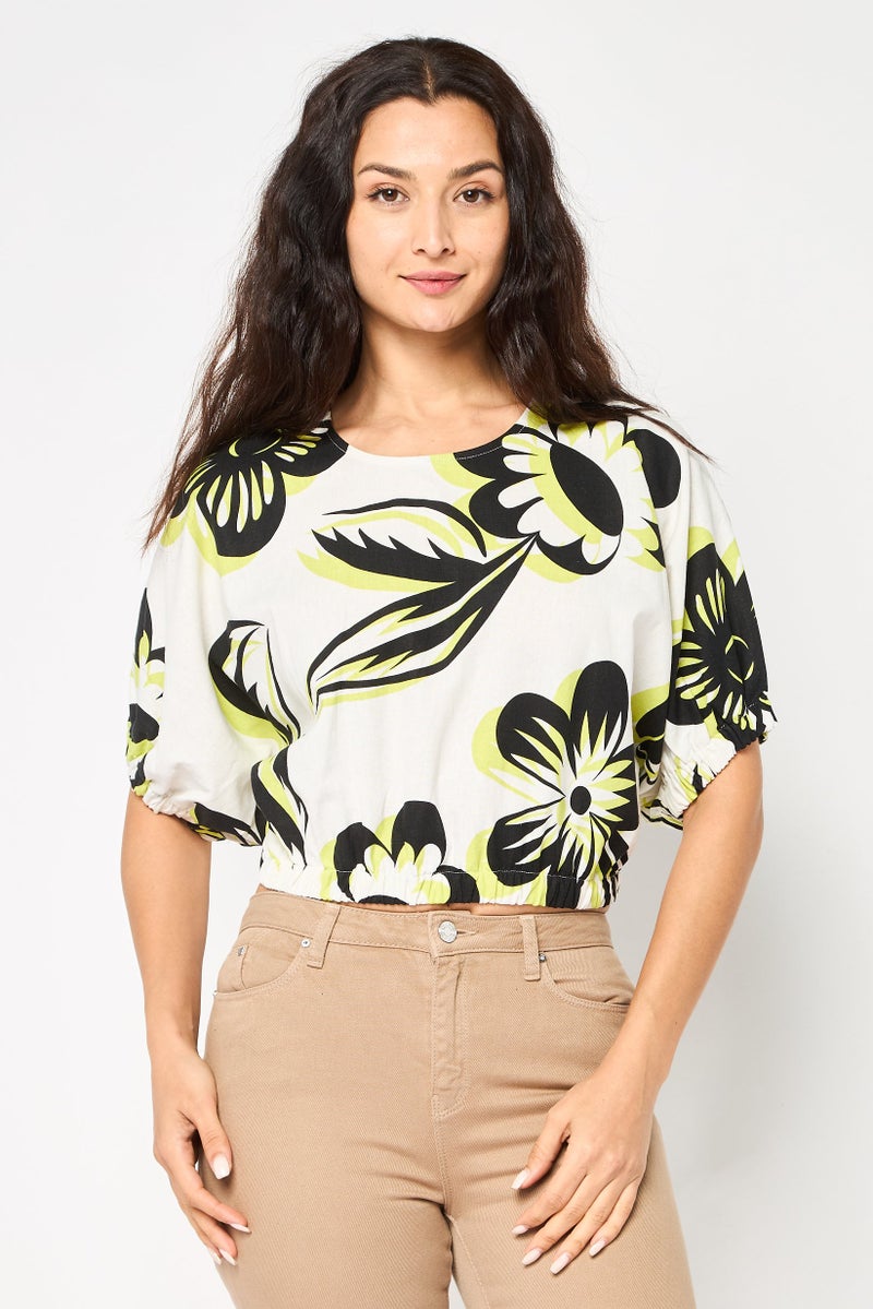DESIGUAL Women Round Neck Short Sleeve Floral Print Cropped Top, White - Image 1
